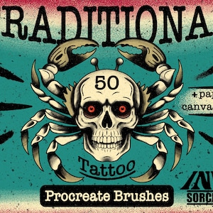 Könnte beinhalten: Digitales Kunstdesign mit einem Totenkopf mit roten Augen und Krabbenklauen auf türkisblauem Hintergrund. Text: "TRADITIONAL TATTOO Procreate Brushes" und "50 + paper canvases". Schwarze Pinselstriche.