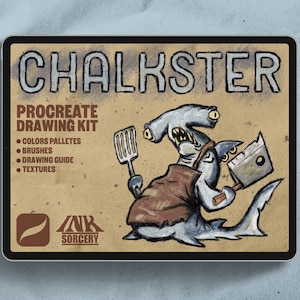 May include: A digital illustration of a hammerhead shark wearing an apron and holding a spatula and a cleaver. The illustration is on a brown background with the text "CHALKSTER" and "PROCREATE DRAWING KIT" in white. The text "INK SORCERY" is also visible in the bottom right corner.