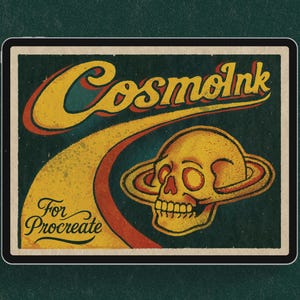 May include: A digital illustration on a tablet featuring a vintage-style design. The artwork showcases a yellow skull with a planetary ring, set against a dark teal background. The text "CosmoInk" and "For Procreate" are also included.