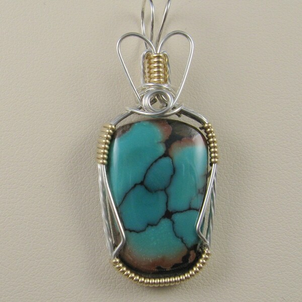 SALE PRICE Turquoise Freeform Designer Cabochon Wire Wrapped Pendant