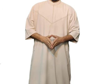 Men's Thobe Islamic Clothing Collared Style with Embroidery Short Sleeve Thobe