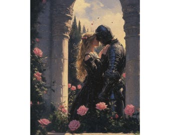 Poster chevalier et jeune fille en satin – Art déco médiéval-romantique