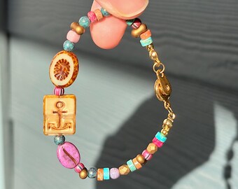 Vintage Anchor Czech Glass Beaded Bracelet: Boho Layering Jewelry