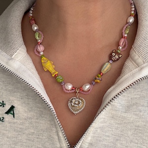 Boho Chic Glass Beaded Necklace, Fish, Heart, Real Pearl–Handmade Fairycore Jewelry, Vintage Inspired Whimsical Necklace, One of a Kind gift