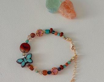 Autumn Bird & Butterfly Bracelet: Czech Vintage Glass, Boho Jewelry