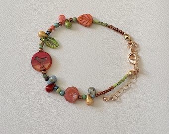Autumn Beaded Bracelet: Vintage Czech Glass, Bird & Leaf Charms