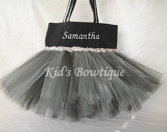 Monogrammed Silver and Black Witch Halloween Tutu Tote Bag