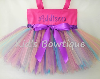 PINK Rainbow Fairy with Purple Sequins and Bow Monogrammed Tutu Tote Bag - Personalized Tutu Bag