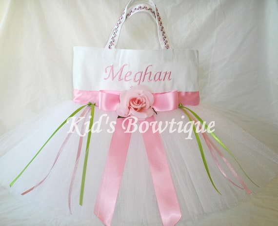 Items similar to Roses Flower Girl Monogrammed White Tutu Tote Bag on Etsy