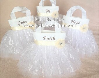 White Lace and Ivory Flower Girl Gift Bag -Wedding Tutu Flower Girl Lace Purse - Custom Wedding Gift