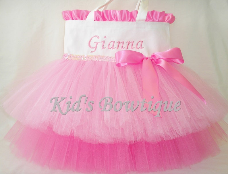 Personalized Dance Bag with Double Tutu Ruffles and Bow Wedding Flower Girl Tutu Bag Gifts Pink Tutu Dance Bags image 2