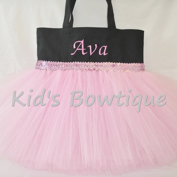 Monogrammed Black Tutu Tote Bag with Pink/Lavender Sequins Trim