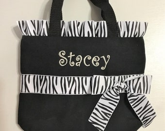 Zebra Ribbon Dance Bag- Personalized Bridesmaid Ruffles and Bow Bag- Monogrammed Flower Girl Gifts