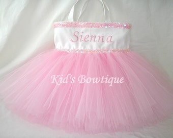 Monogrammed Tutu Tote Bag with Double Pink Sequins Trim and Pink Tutu - Dance Tutu Tote