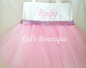 Monogrammed Pink Tutu Tote Bag with Sequins Trim