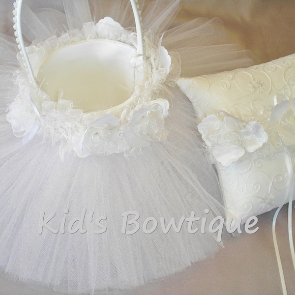 Wedding Tutu Flower Girl Basket - Unique Tulle Bridal Flower Girl Tutu and Roses Wedding Basket