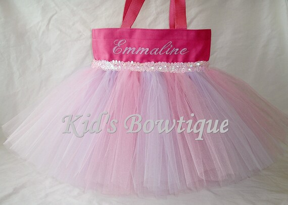 Items similar to Monogrammed Pink with Lavender Striped Tutu Tote Bag ...