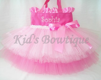 Personalized Dance Bag with Double Tutu Ruffles and Bow - Wedding Flower Girl Tutu Bag Gifts-  Pink Tutu Dance Bags