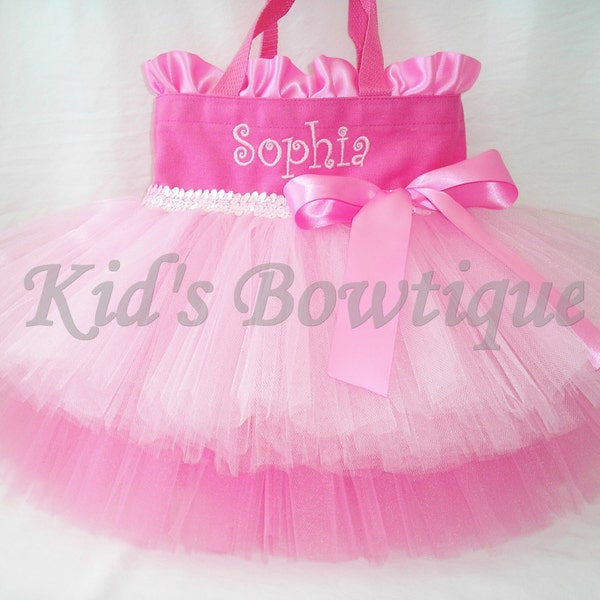 Personalized Dance Bag with Double Tutu Ruffles and Bow - Wedding Flower Girl Tutu Bag Gifts-  Pink Tutu Dance Bags