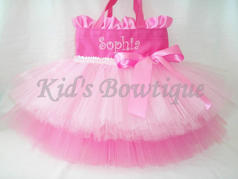 Sac de danse personnalisé avec volants et nœud Double Tutu cadeaux de sac Tutu de fille de fleur de mariage sacs de danse Tutu rose image 1