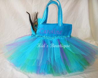 Monogrammed Vibrant Peacock Tutu Bag - Personalized Peacock Flower Girl Tutu Purse