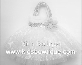 White Wedding Lace Flower Girl Gift , Wedding Tutu Flower Girl Lace Purse, Custom Wedding Gift