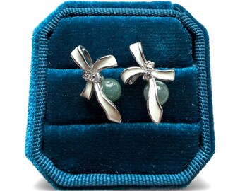 Type A Guatemala Jadeite - Green Ribbon Earring Studs - 925 Sterling Silver
