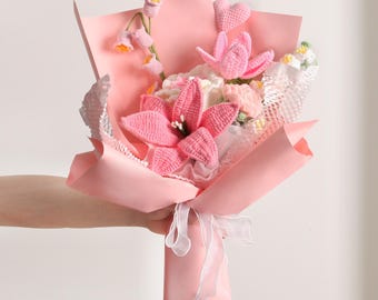 Birthday Gift  Graduation Pink Handcrafted Bouquet | Crochet Knitted Flowers | Anniversary Teacher Housewarming Gifts | Handmade Decor