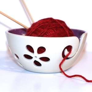 Purple flower Yarn Bowl / Knitting Bowl / Crochet Bowl / Purple Yarn Bowl / White Yarn Bowl / 6 inch Yarn Bowl / Made to Order