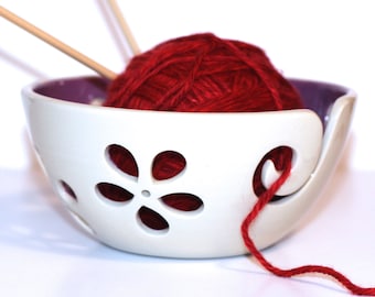 Purple flower Yarn Bowl / Knitting Bowl / Crochet Bowl / Purple Yarn Bowl / White Yarn Bowl / 6 inch Yarn Bowl / Made to Order