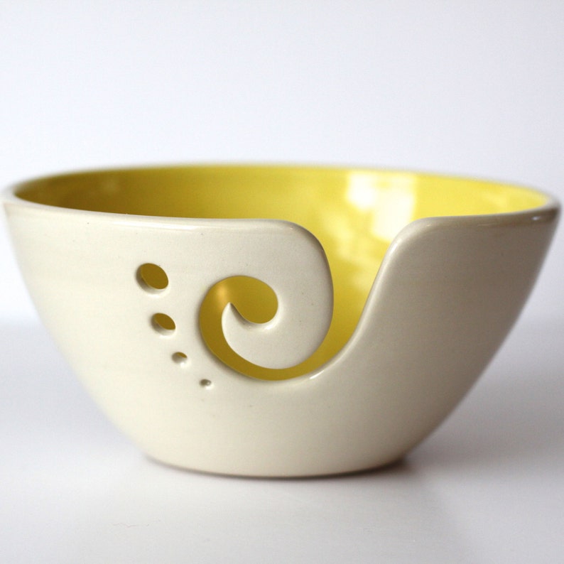 Yellow Ceramic Yarn Bowl, Knitting Bowl, Crochet Bowl, Yellow and White Yarn Bowl, Made to Order image 1