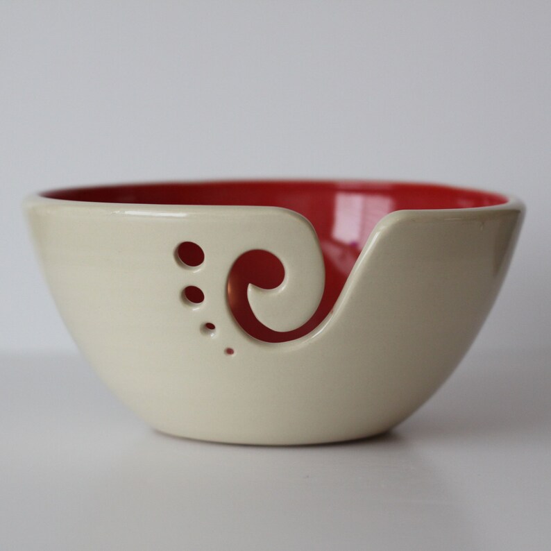 Red Yarn Bowl / Knitting Bowl / Crochet Bowl / Red and White Yarn Bowl / 6 1/4 inch Yarn Bowl / Made To Order image 2