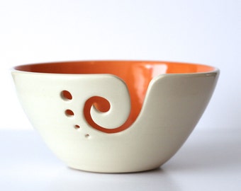 Yarn Bowl / Knitting Bowl / Crochet Bowl /Orange and White Yarn Bowl / 6 inch Yarn Bowl / Yarn Holder / Made to Order