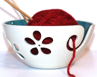Turquoise flower Yarn Bowl, Yarn Bowl, Knitting Bowl, Crochet Bowl, Turquoise and White Yarn Bowl