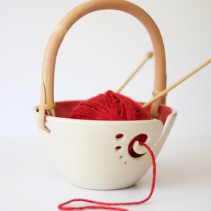 Handled Red Ceramic Yarn Bowl, Knitting Bowl, Crochet Bowl, Red and White Yarn Bowl, Made to Order