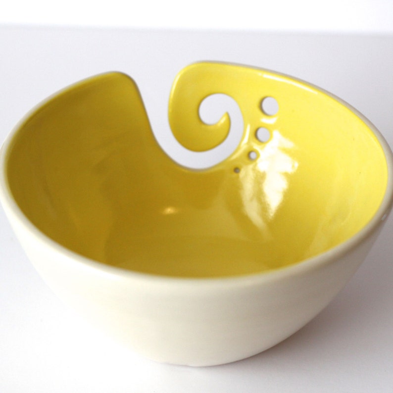 Yellow Ceramic Yarn Bowl, Knitting Bowl, Crochet Bowl, Yellow and White Yarn Bowl, Made to Order image 3