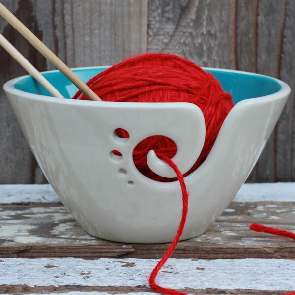 Turquoise Ceramic Yarn Bowl, Yarn Bowl, Knitting Bowl, Crochet Bowl, Turquoise and White Yarn Bowl, Made to Order