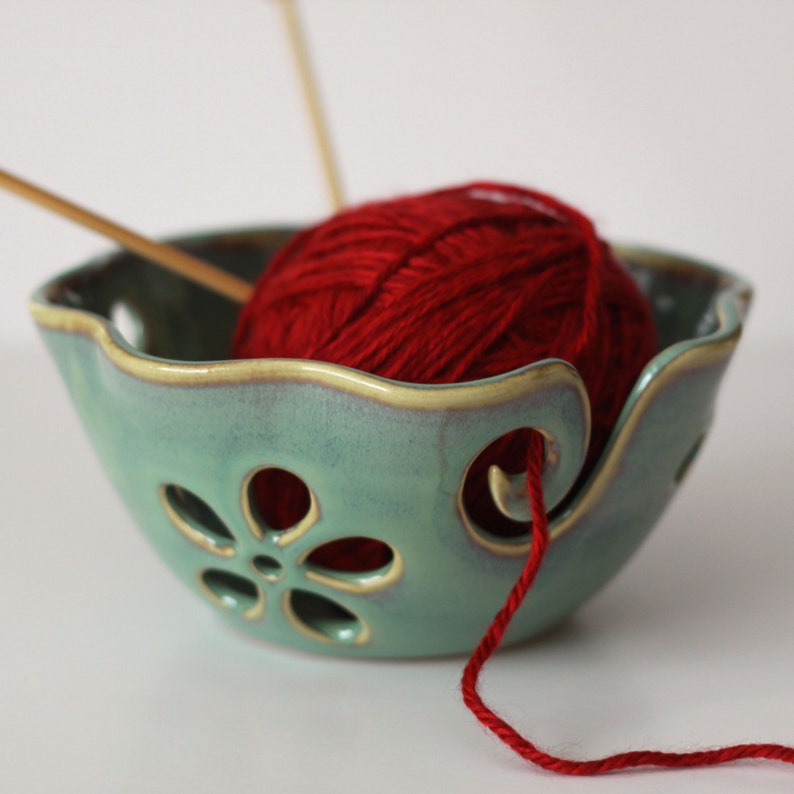 Ruffled Flower Ceramic Yarn Bowl, Yarn Bowl, Knitting Bowl, Crochet Bowl , Sea Foam Green Blue Yarn Bowl, Made to Order image 1