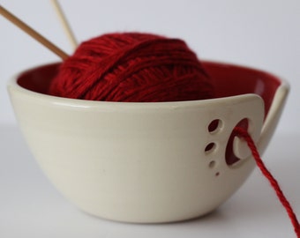 Red Ceramic Yarn Bowl, Knitting Bowl, Crochet Bowl, Red and White Yarn Bowl, Made to Order