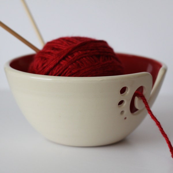 Red Ceramic Yarn Bowl, Yarn Bowl, Knitting Bowl, Crochet Bowl, Red and White Yarn Bowl, Made to Order
