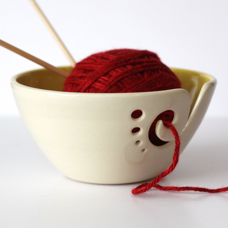 Yellow Ceramic Yarn Bowl, Knitting Bowl, Crochet Bowl, Yellow and White Yarn Bowl, Made to Order image 2