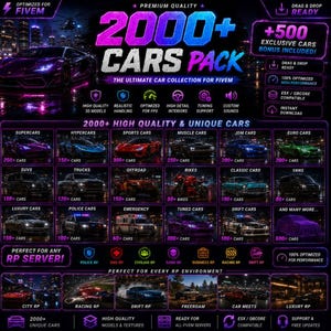 May include: An advertisement for a FiveM car pack, displaying over 2000 car models. The graphic presents different car categories such as sports cars, trucks, and tuned cars. Text highlights features like realistic handling and custom sounds. Bonus cars are included.