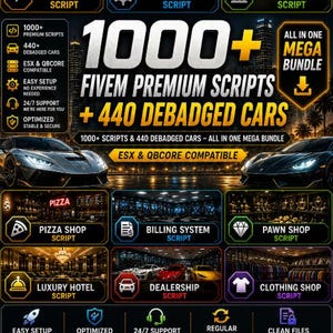 Paquete de servidor FiveM con más de 1000 scripts, 440 coches ESX y recursos QBCore RP (descarga instantánea).