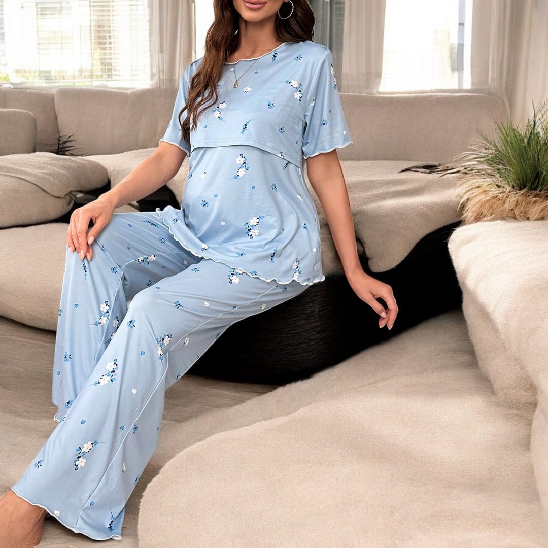 Sleepwear Maternity Floral Nursing Pajama Set, Pjs for Nursing and ...