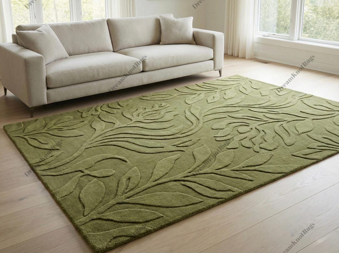 Sage Green Floral Rug, Self Design Carved Area Rug, Olive Green ...