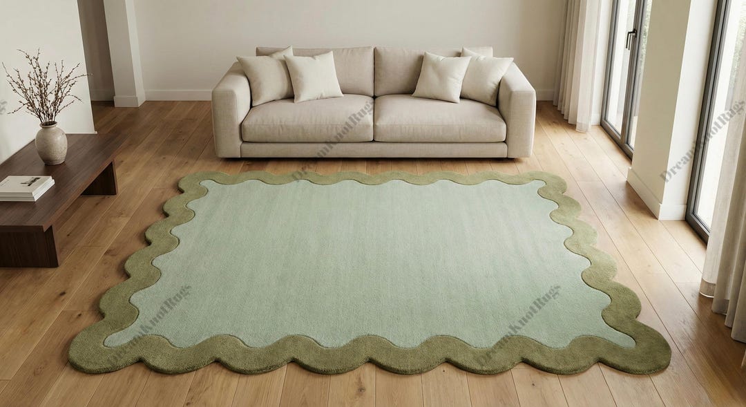 Sage Green Scalloped Rug, Hand Tufted Wool Area Rug, Olive Border ...