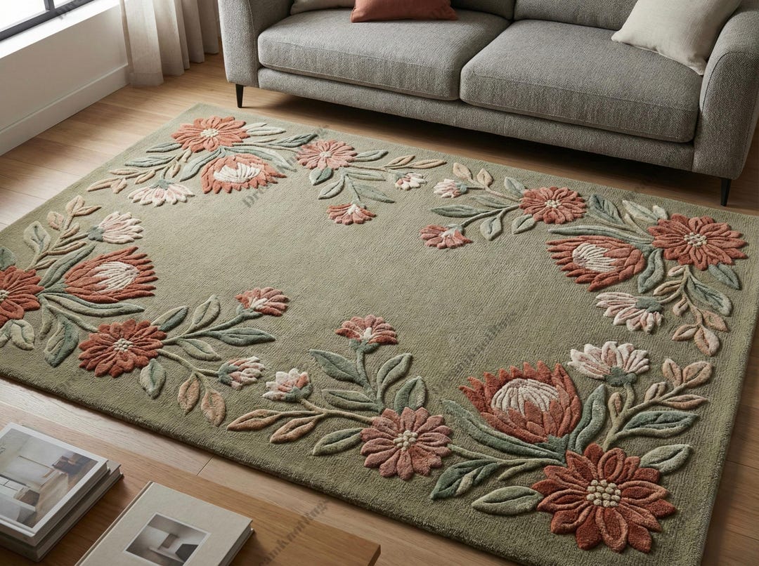 Hand Tufted Floral Wool Rug, Sage Green Area Rug With Vintage Flower ...