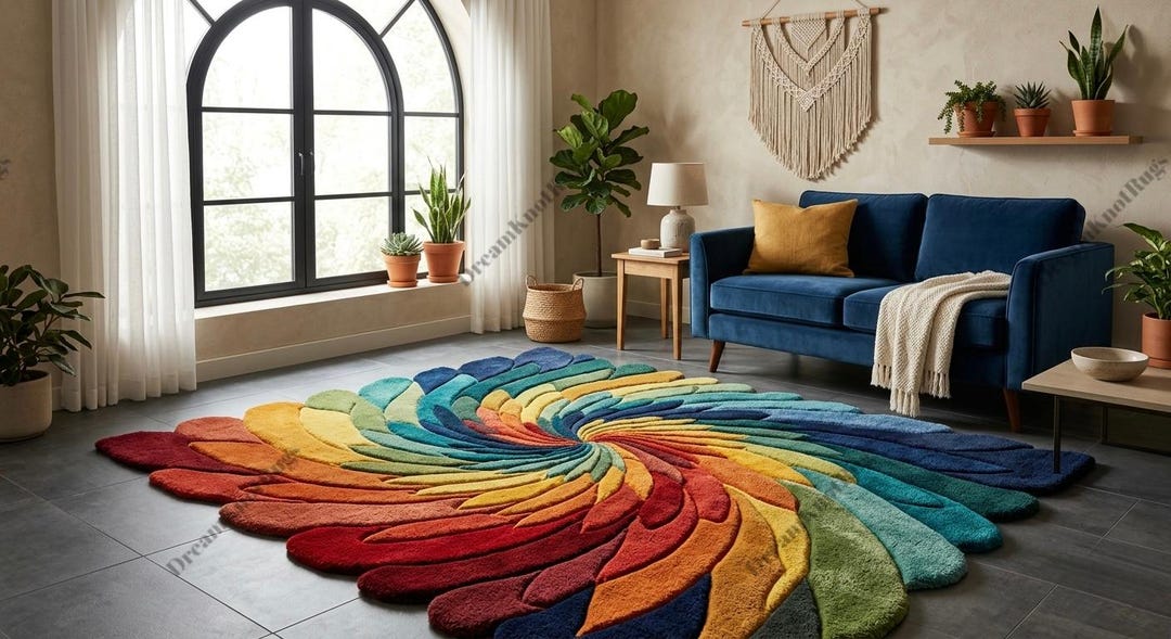Colorful Spiral Hand Tufted Wool Rug, Rainbow Abstract Area Rug, Boho ...