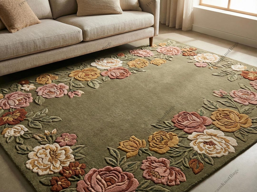 Hand Tufted Floral Wool Rug, Green Area Rug With Rose Border, Handmade ...