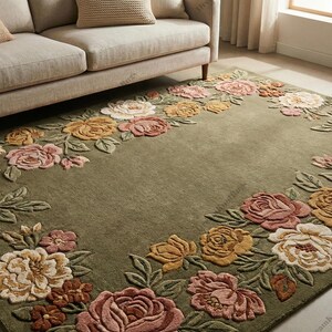 May include: An olive green rectangular rug with a floral border. The border features large roses in pink, yellow, and cream, with green leaves. The rug is placed in front of a beige sofa.